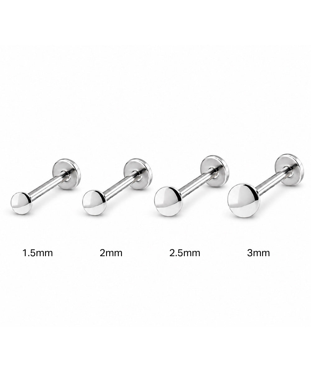 Four silver-toned labret ear piercings with ball end studs shown in sizes 1.5mm, 2mm, 2.5mm, and 3mm on a white background.
