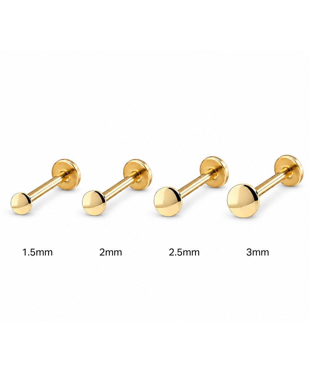 Four gold-tone labret ear piercings with ball ends shown in sizes 1.5mm, 2mm, 2.5mm, and 3mm on a white background.
