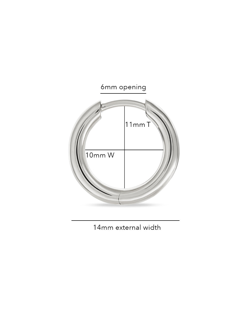 Silver hoop earring with measurements on a white background