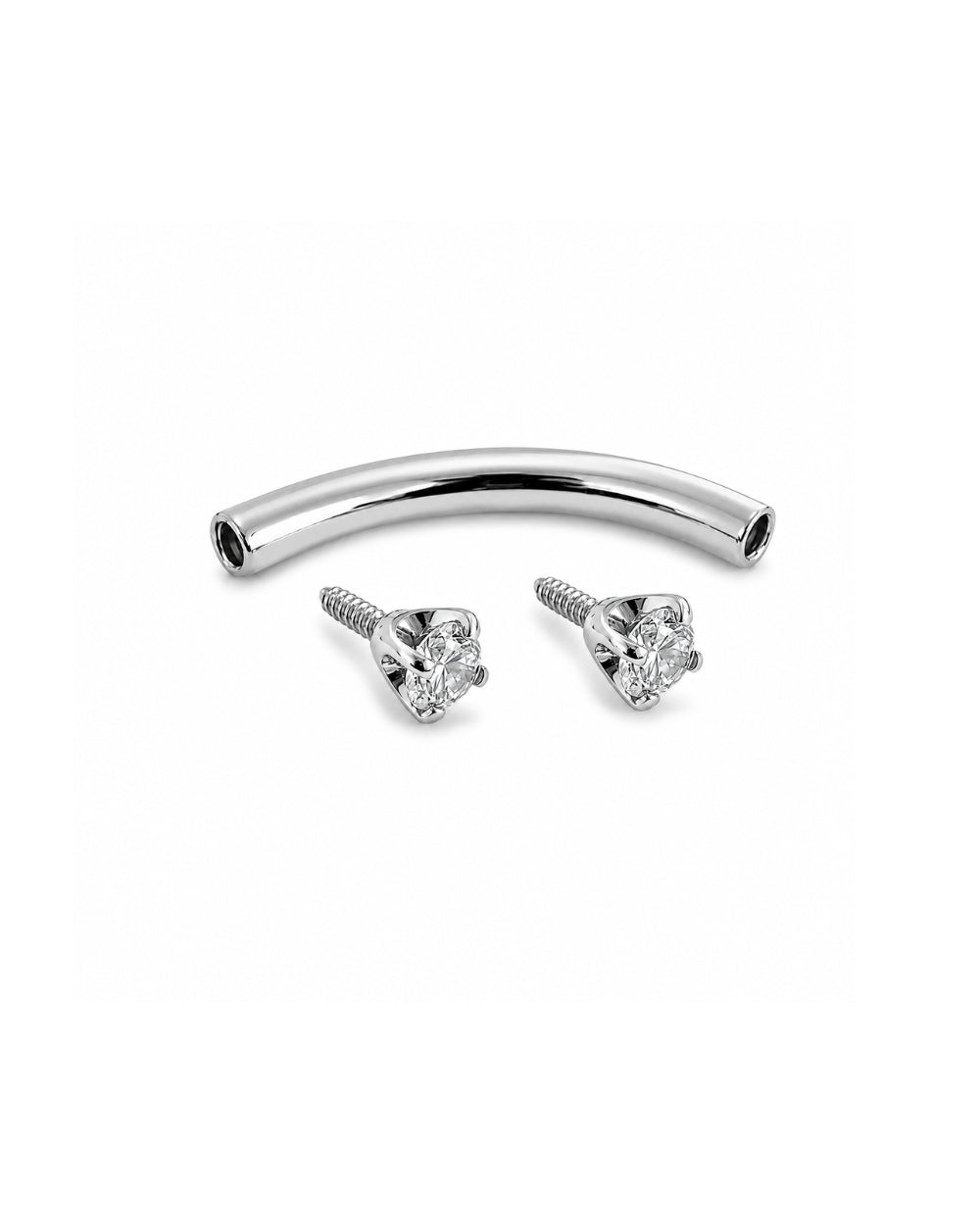 White Gold curved barbell with diamonds on each end on a white background