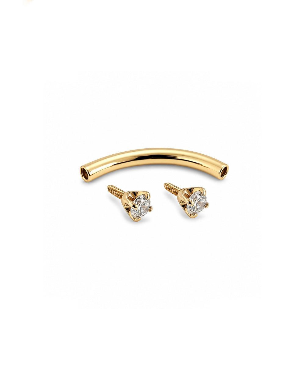 Yellow Gold curved barbell with diamonds on each end on a white background