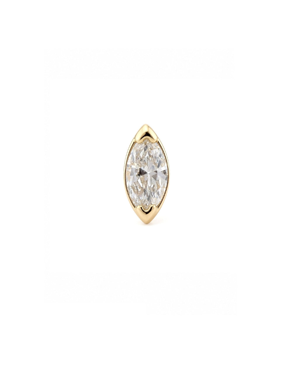A single marquise-cut diamond stud earring in a yellow gold setting, centered on a plain white background.