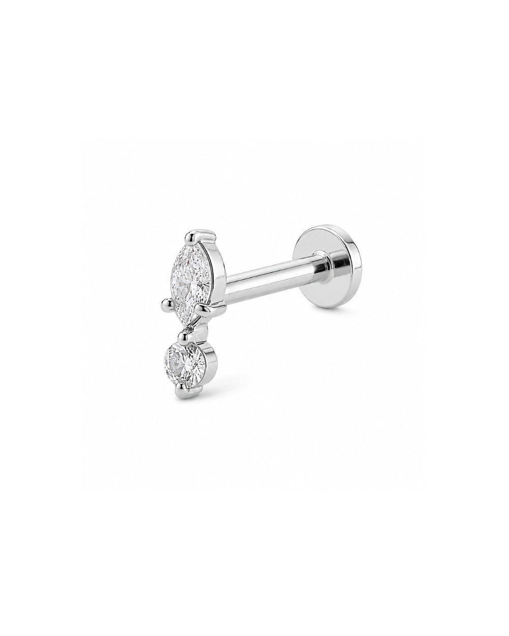 A single white gold drop earring featuring a marquise-cut diamond above a round-cut clear gemstone, set in yellow gold on a plain white background.