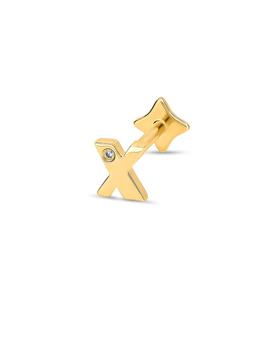 Gold letter 'X' earring on a white background