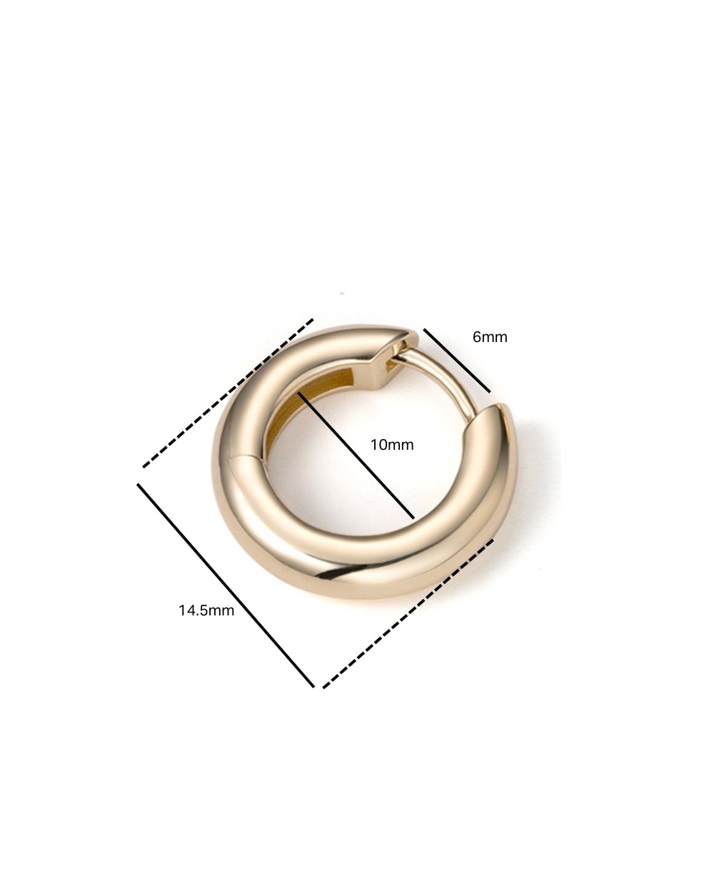 Gold Covetear hoop earring with measurements on a white background
