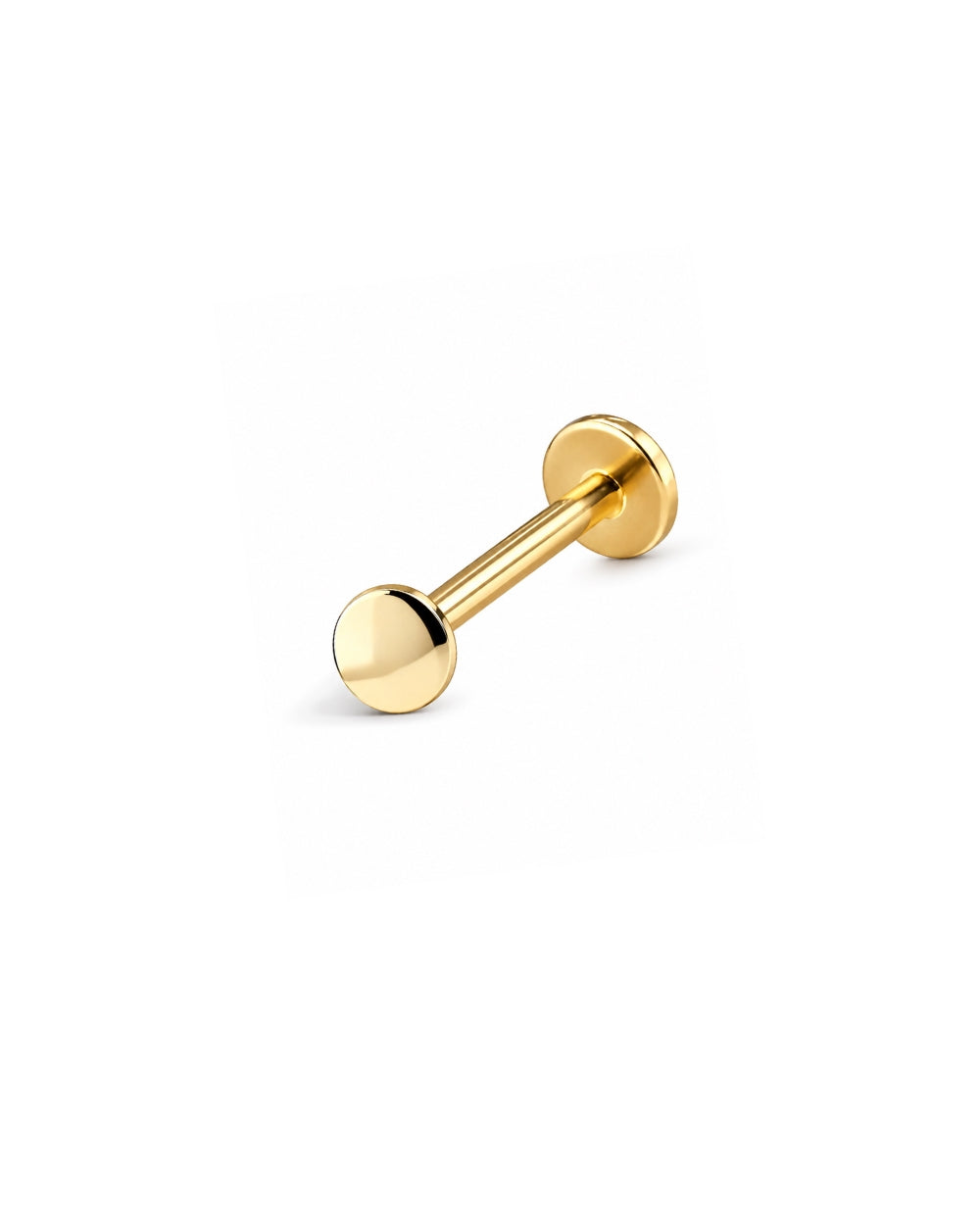 A single gold-tone labret piercing stud with a flat circular face and a polished cylindrical post, shown on a clean white background.