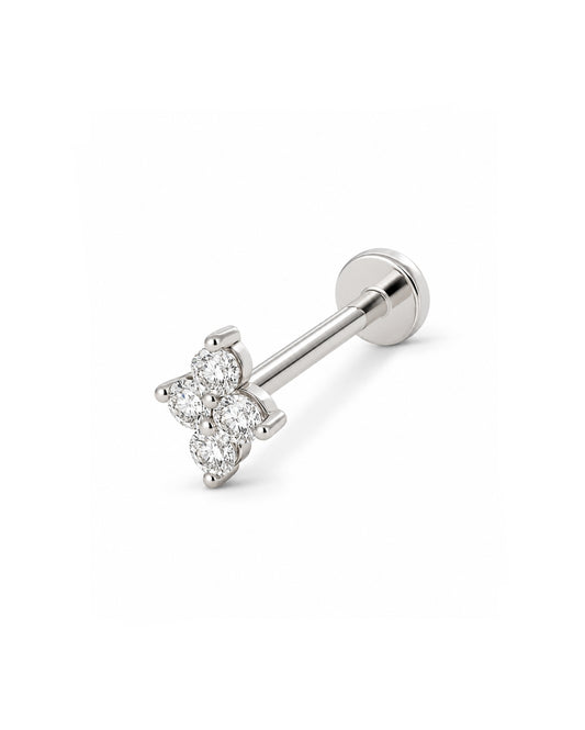 Four stone diamond earring in white gold claw setting with flat back post on a white background