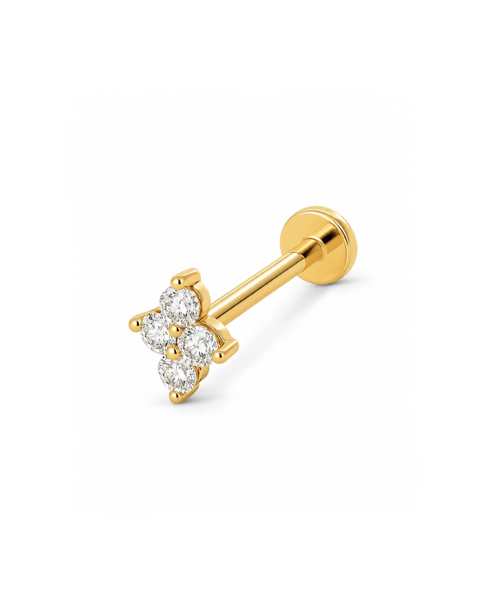 Four stone diamond earring in yellow gold claw setting with flat back post on a white background