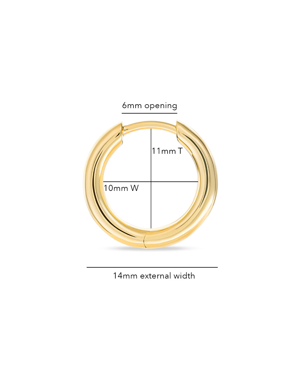 Gold hoop earring with measurements on a white background