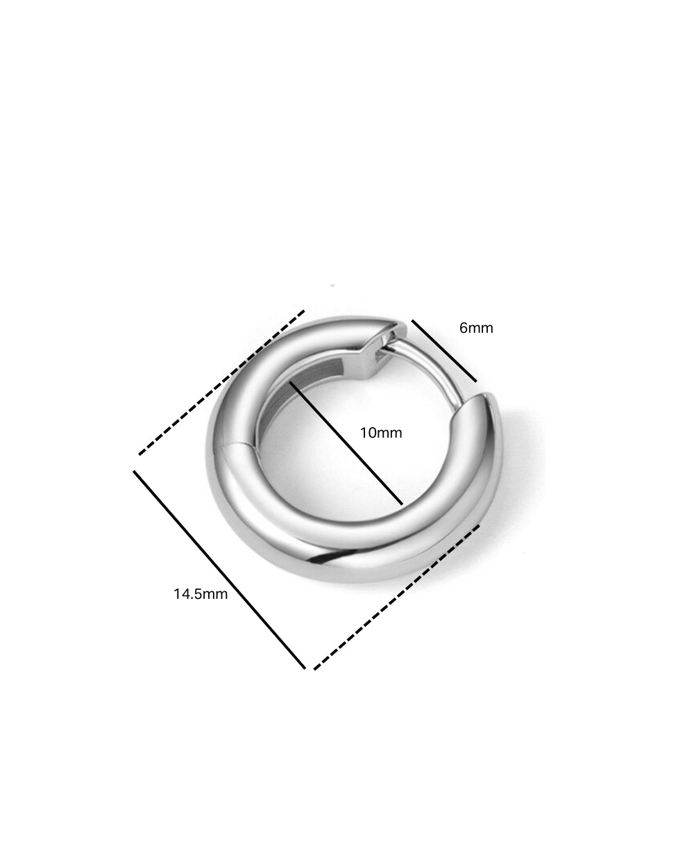 White Gold Covetear hoop earring with measurements on a white background