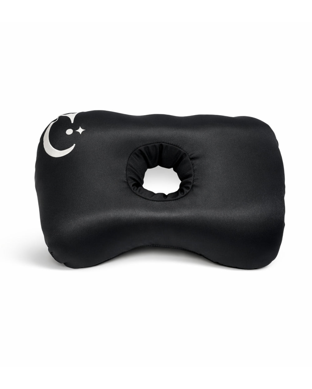 Black ear piercing pillow with hole for ear and a logo design