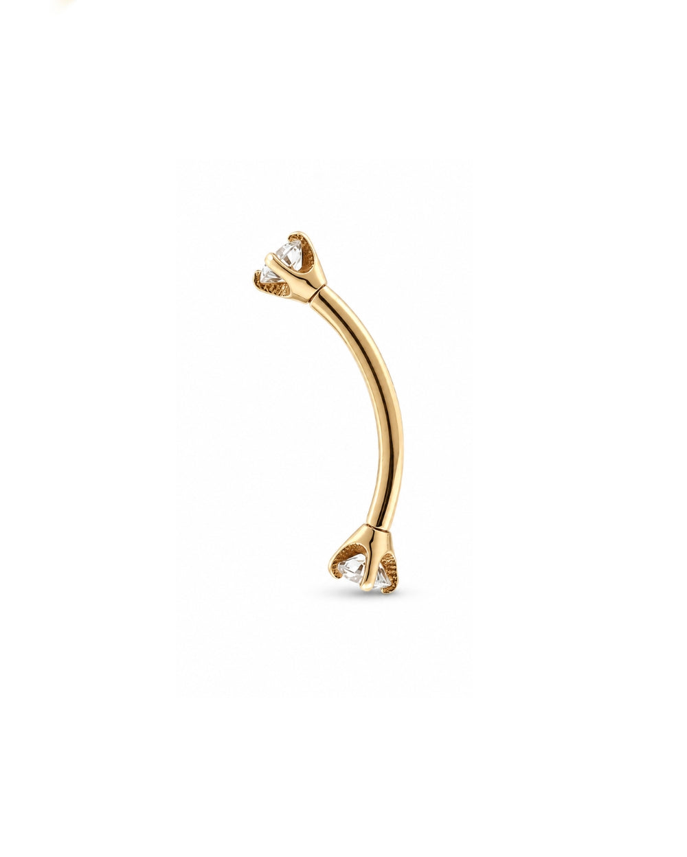 Yellow Gold curved barbell with diamonds on each end on a white background
