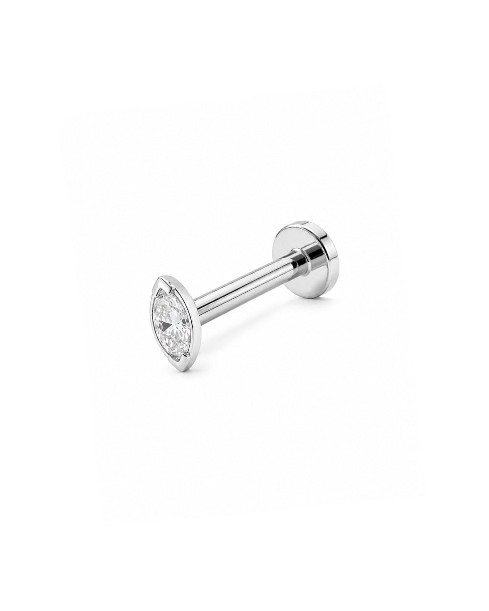 A single marquise-cut diamond flatback stud earring in a white gold setting, centered on a plain white background.