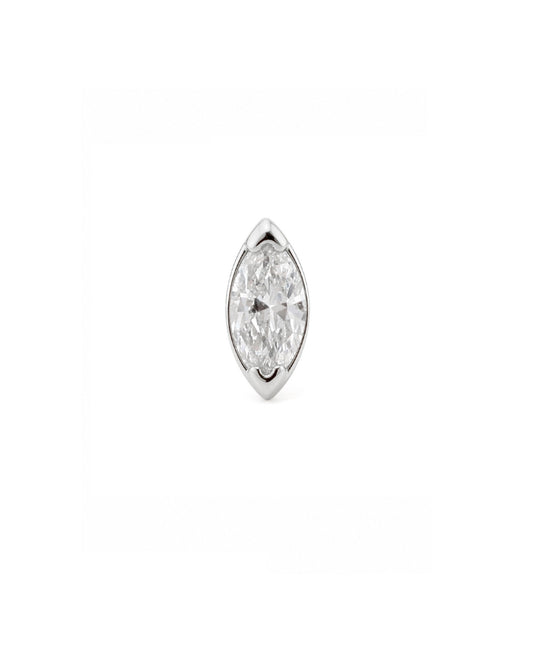 A single marquise-cut diamond stud earring in a white gold setting, centered on a plain white background.