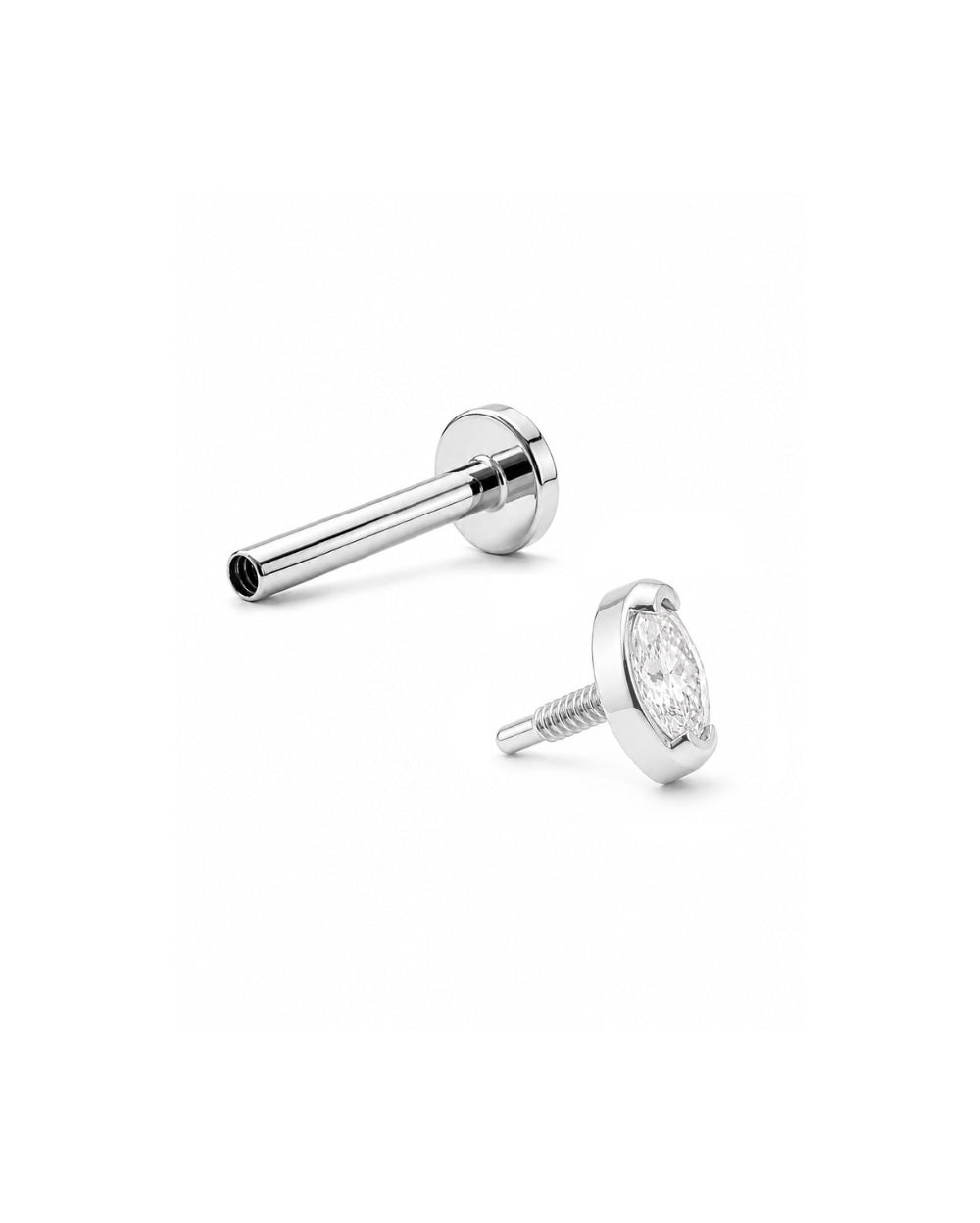 A single marquise-cut diamond stud earring front and separate flatback post in a white gold setting, centered on a plain white background.