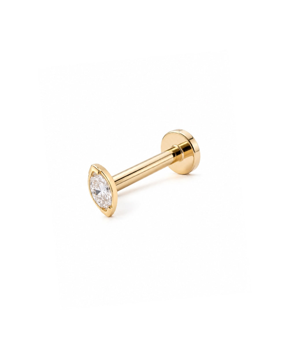 A gold labret stud earring with a marquise-cut diamond gemstone, shown on a clean white background.