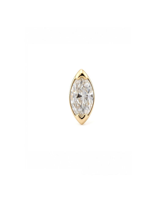 A single marquise-cut diamond stud earring in a yellow gold setting, centered on a plain white background.