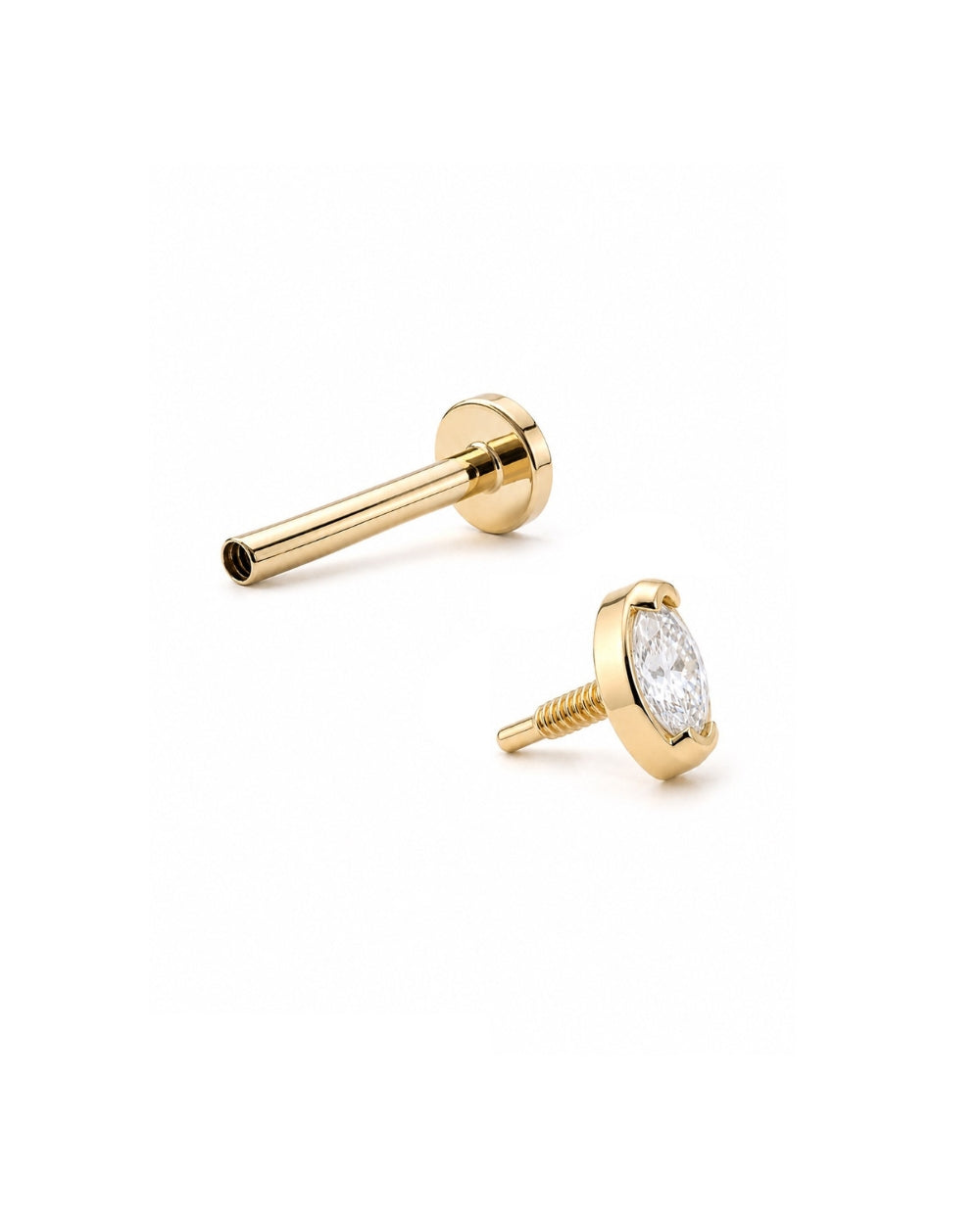 A  gold stud flatback earring with marquise-cut clear diamond in a bezel setting, shown on a clean white background with the earring front standing upright and the labret post lying on its side.