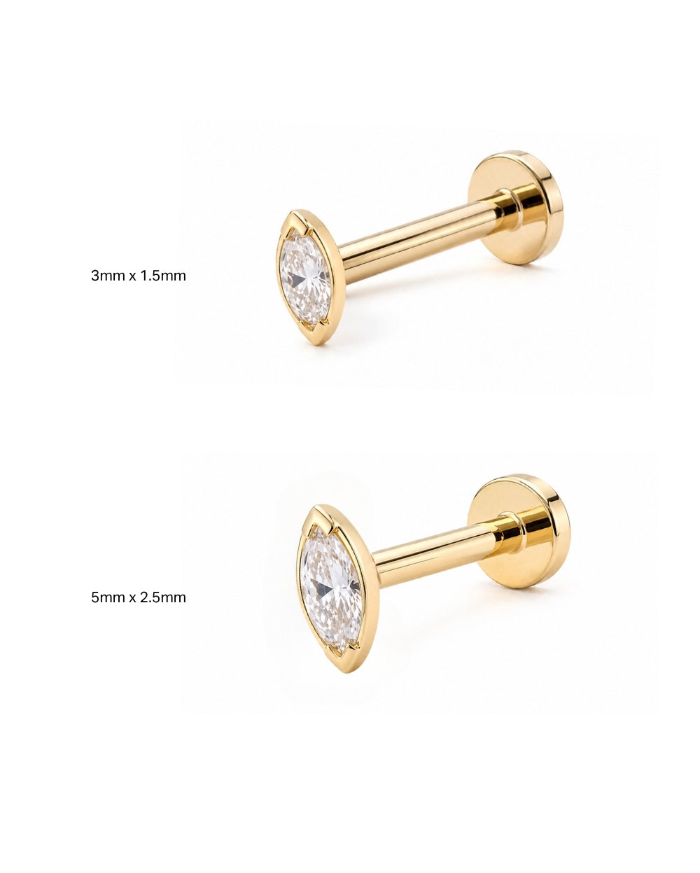 Two gold-tone labret stud earrings with marquise-cut clear gemstones are shown on a white background, labeled 3mm x 1.5mm and 5mm x 2.