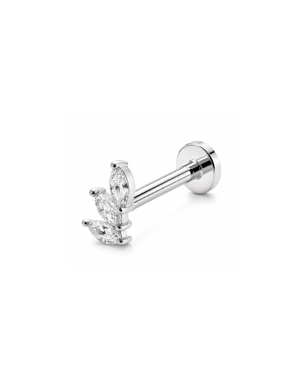 Marquise trilogy diamond earring in a white gold claw setting and flatback post on a white background