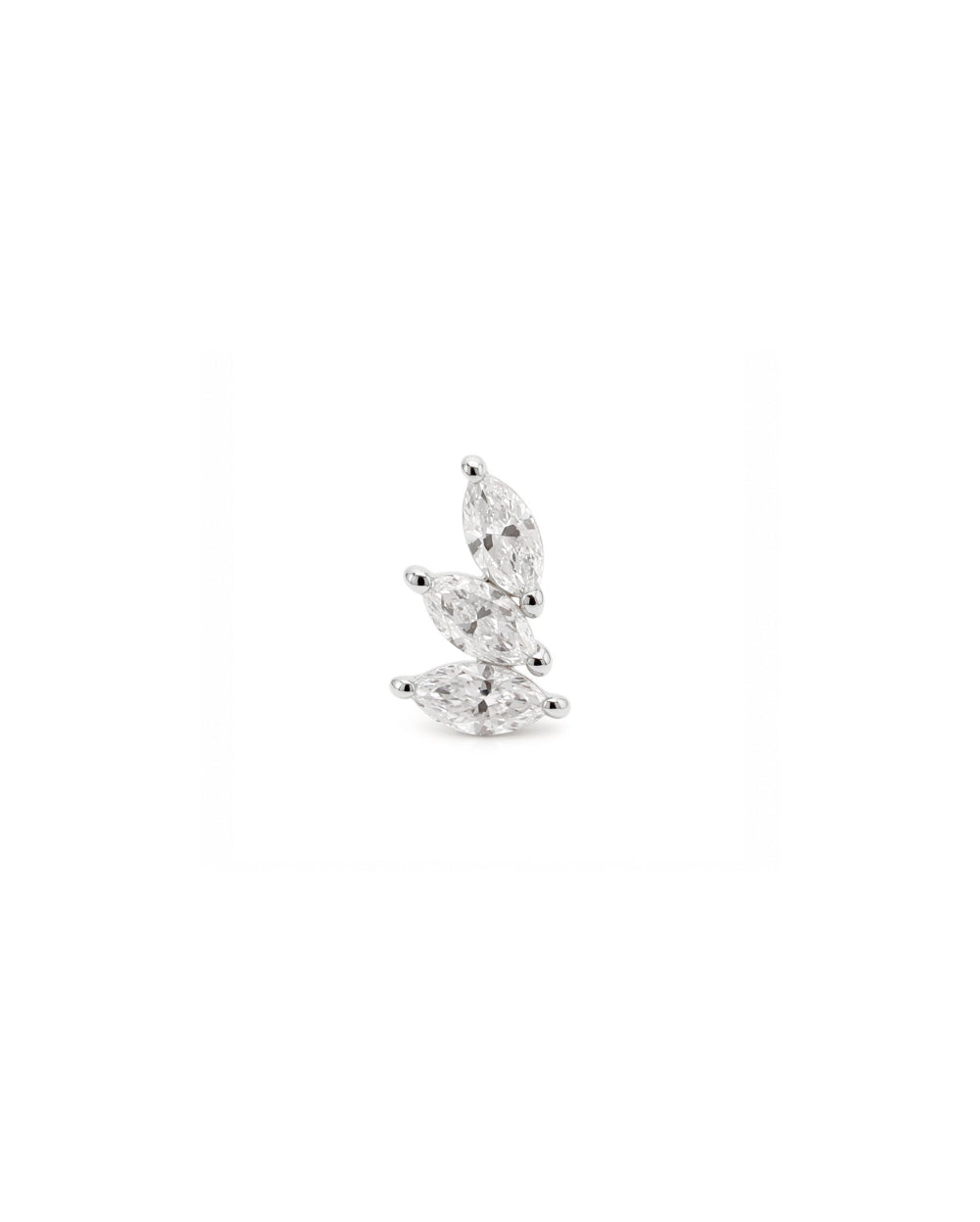 Marquise trilogy diamond earring front in a white gold claw setting on a white background