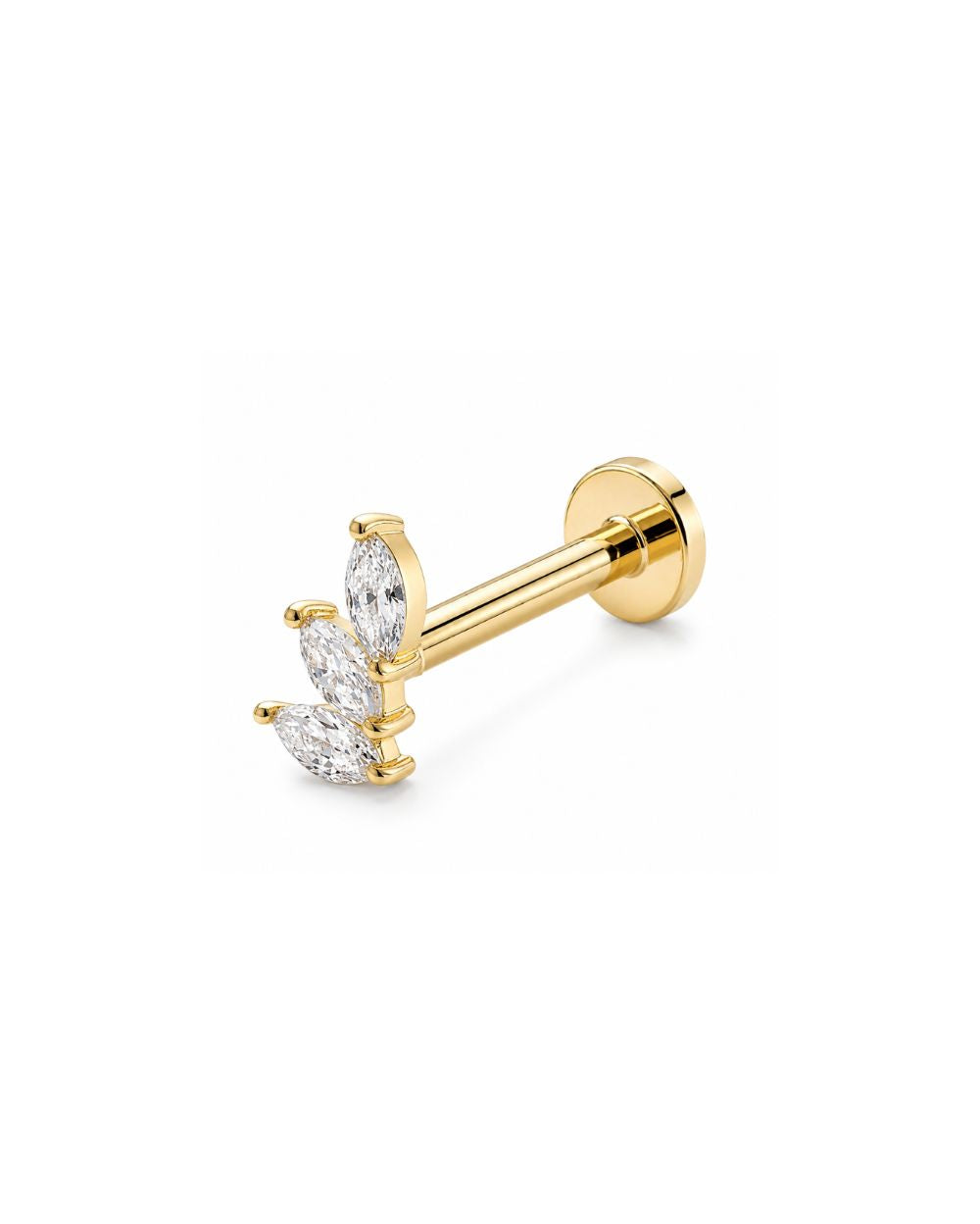 Marquise trilogy diamond earring in a yellow gold claw setting and flatback post on a white background
