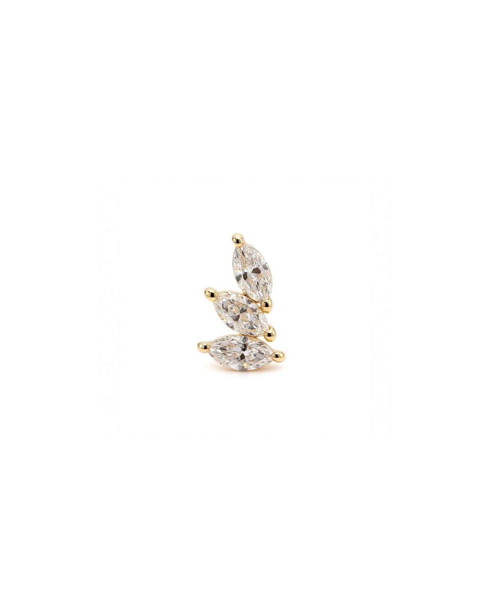 Marquise trilogy diamond earring front in a yellow gold claw setting on a white background
