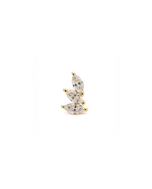 Marquise trilogy diamond earring front in a yellow gold claw setting on a white background