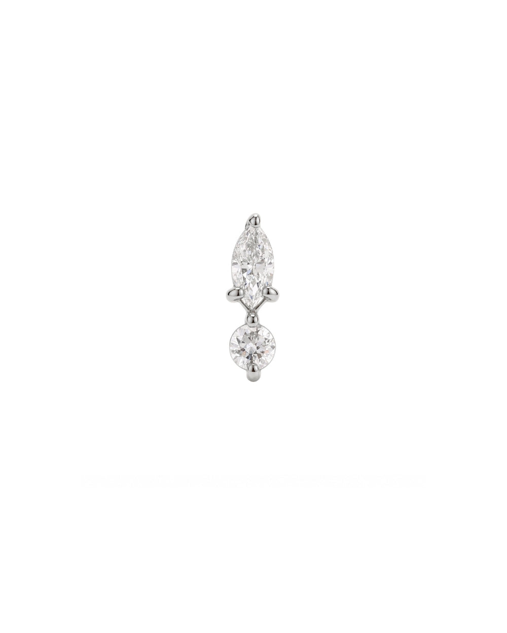 A single white gold drop earring featuring a marquise-cut diamond above a round-cut clear gemstone, set in yellow gold on a plain white background.