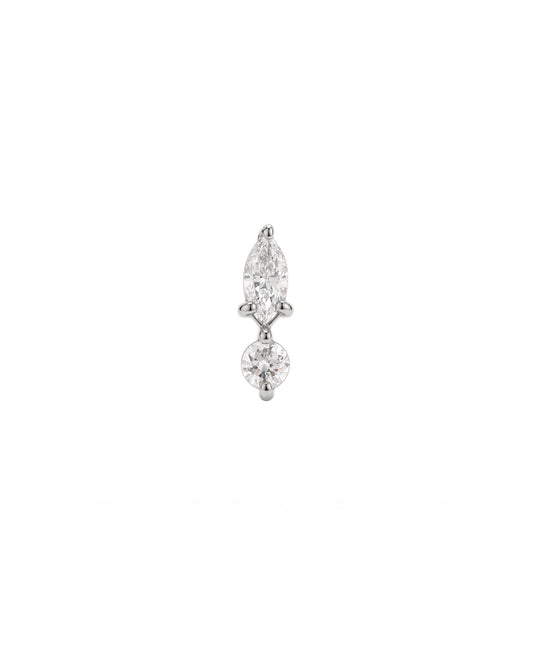 A single white gold drop earring featuring a marquise-cut diamond above a round-cut clear gemstone, set in yellow gold on a plain white background.