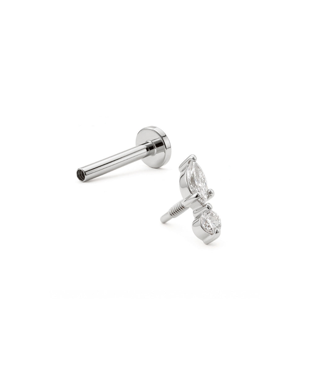 A single white gold drop earring featuring a marquise-cut diamond above a round-cut clear gemstone, set in yellow gold on a plain white background.