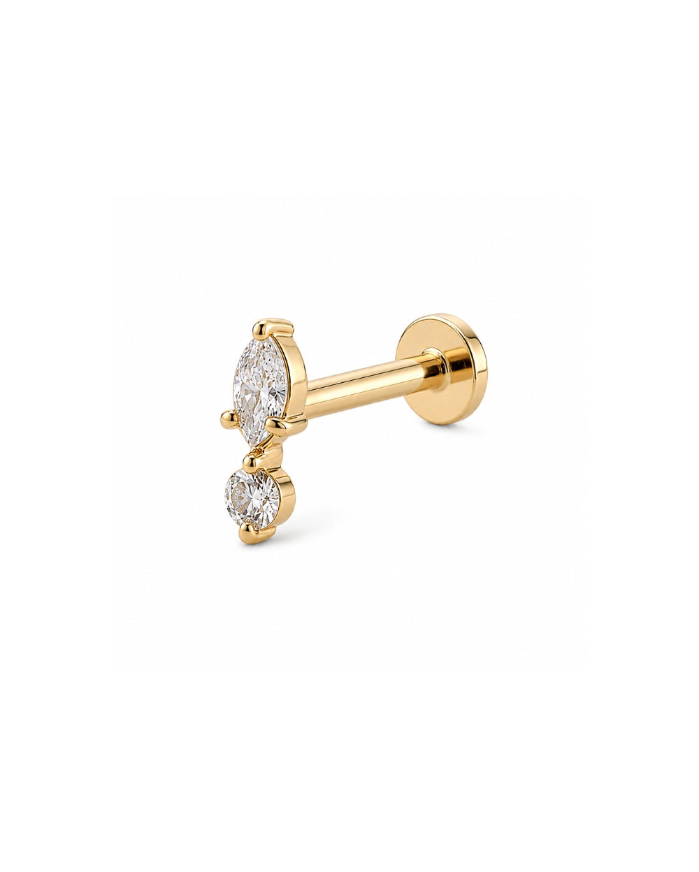 Marquise and round diamond earring in a yellow gold claw setting and flatback post