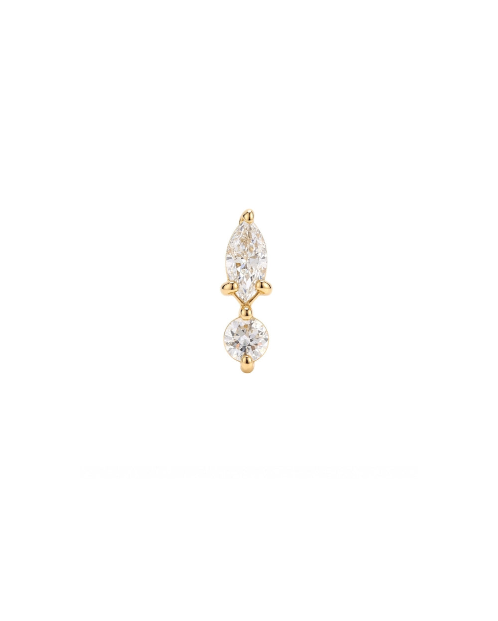 A single gold drop earring featuring a marquise-cut diamond above a round-cut clear gemstone, set in yellow gold on a plain white background.