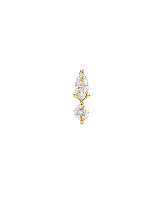 A single gold drop earring featuring a marquise-cut diamond above a round-cut clear gemstone, set in yellow gold on a plain white background.