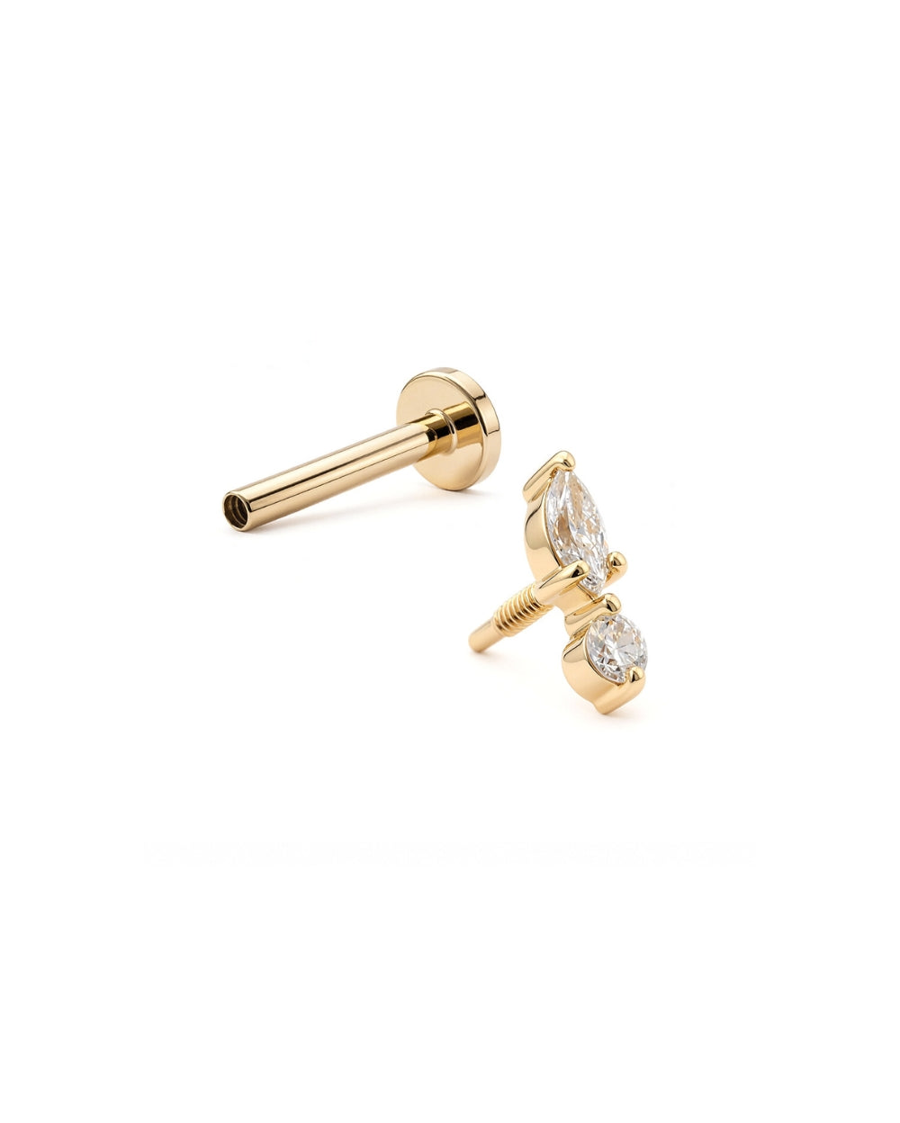 Marquise and round diamond earring in a yellow gold claw setting and flatback post