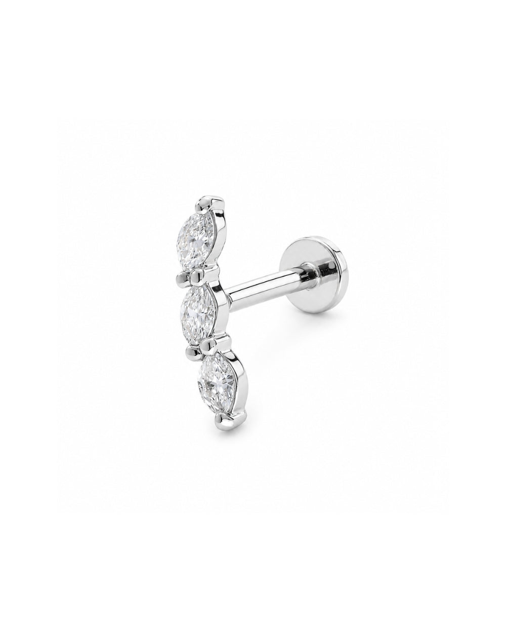 Marquise Arc Diamond Trilogy earring in white gold with Flatback Labret Post on White Background.