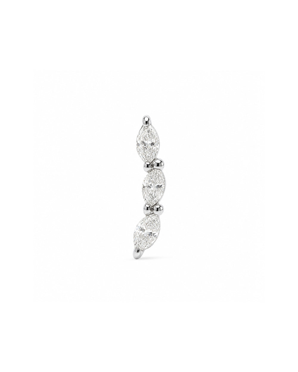 Marquise Arc Diamond Trilogy earring front in white gold on White Background.