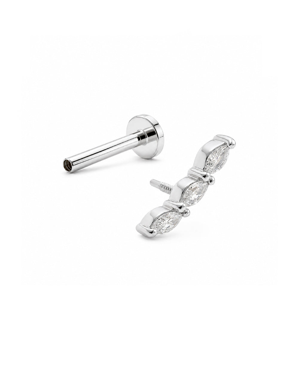 Marquise Arc Diamond Trilogy earring front and separate labret post  in white gold on White Background.