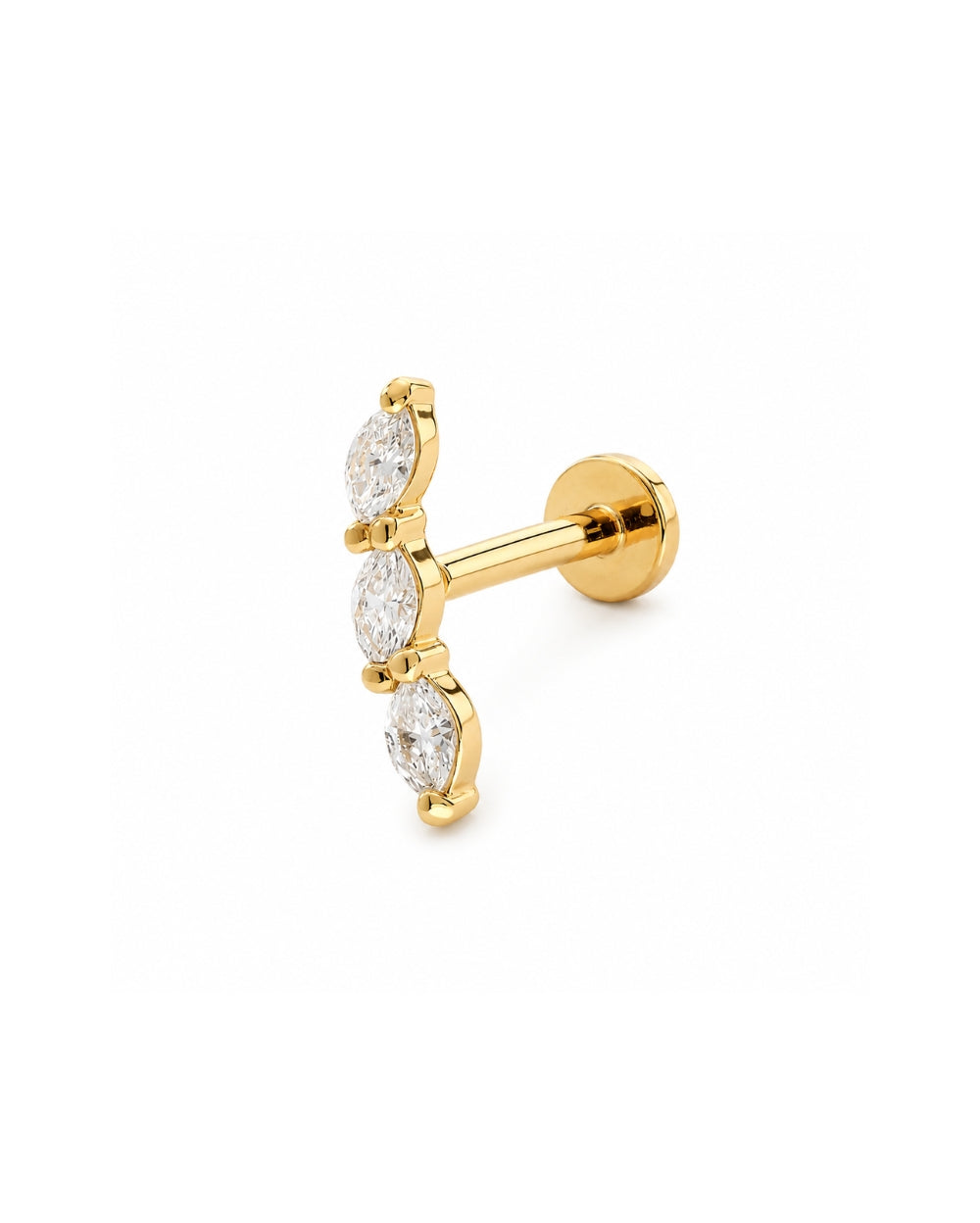 Marquise Arc Diamond Trilogy earring in yellow gold with Flatback Labret Post on White Background.