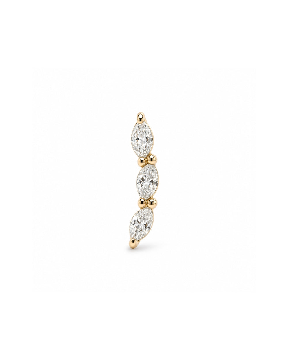 Marquise Arc Diamond Trilogy earring front in yellow gold on White Background.