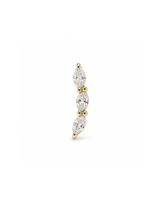 Marquise Arc Diamond Trilogy earring front in yellow gold on White Background.