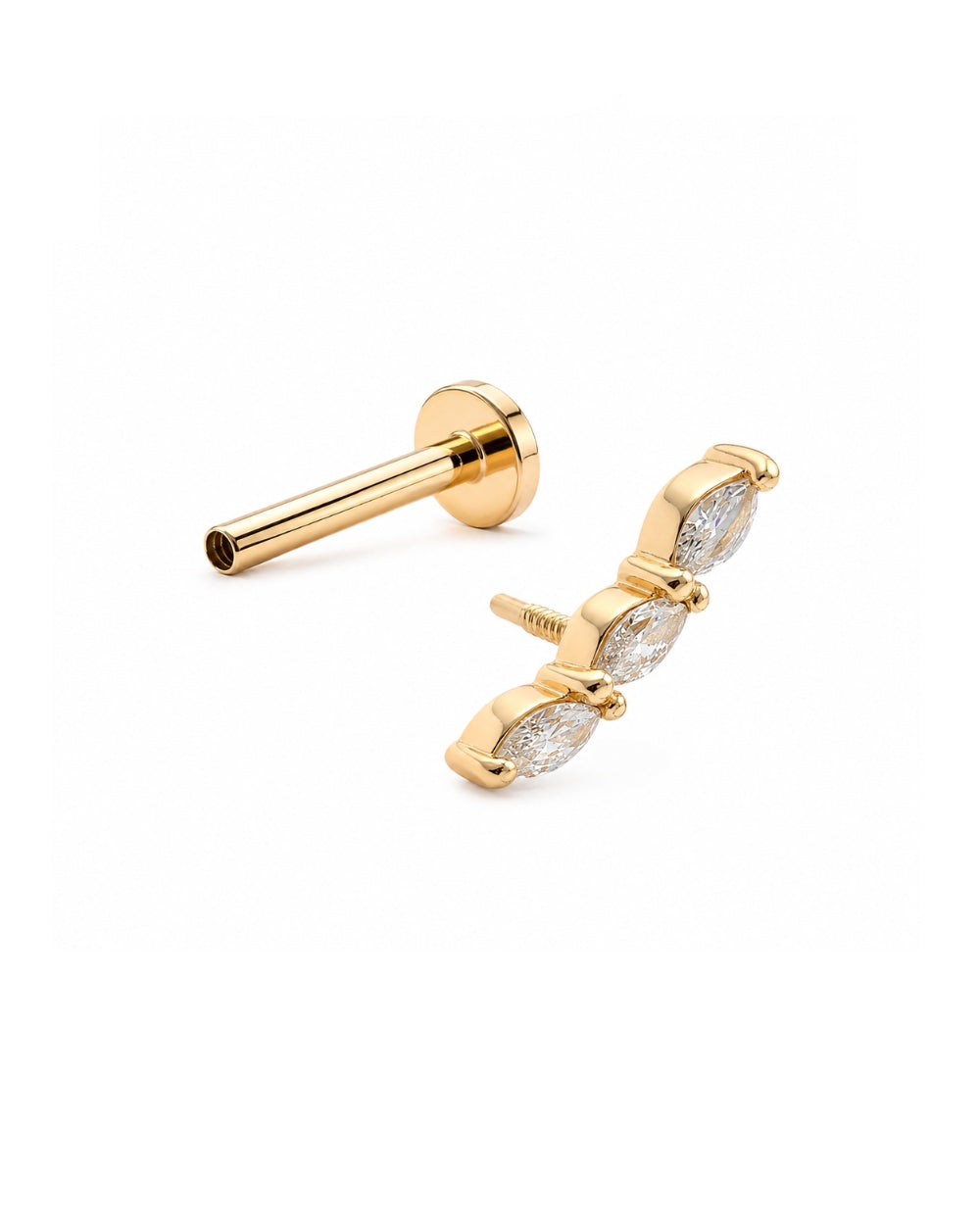 Marquise Arc Diamond Trilogy earring front and separate labret post  in yellow gold on White Background.