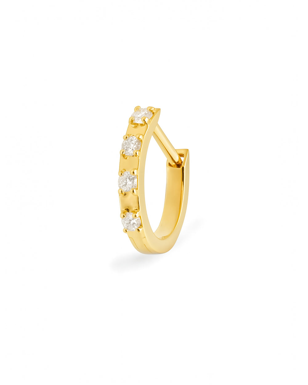 Gold Covetear hoop earring with small diamonds on a white background