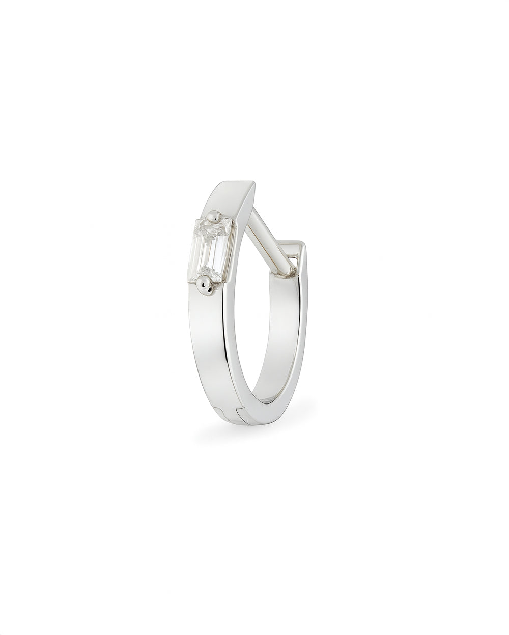 White Gold Covetear hoop earring with a small baguette gemstone on a white background