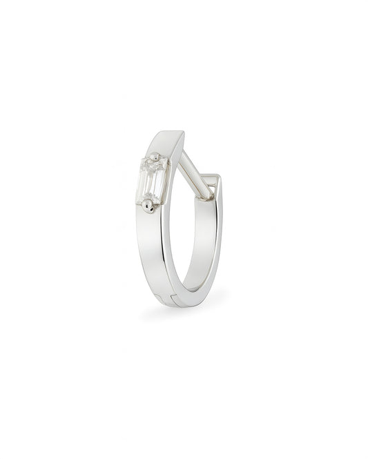 White Gold Covetear hoop earring with a small baguette gemstone on a white background