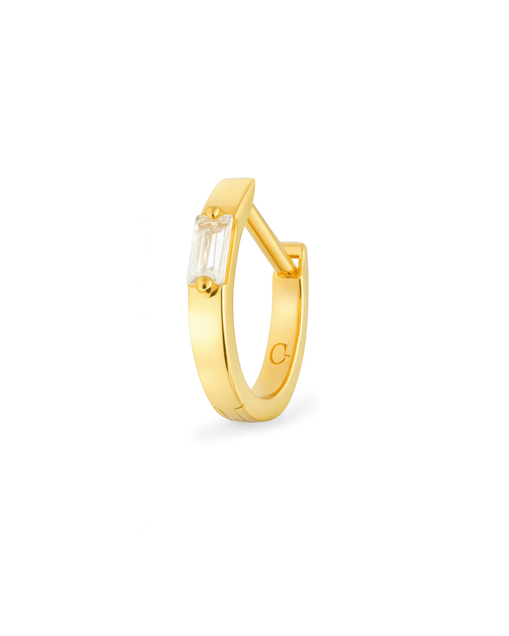 Gold hoop earring with a baguette gemstone on a white background