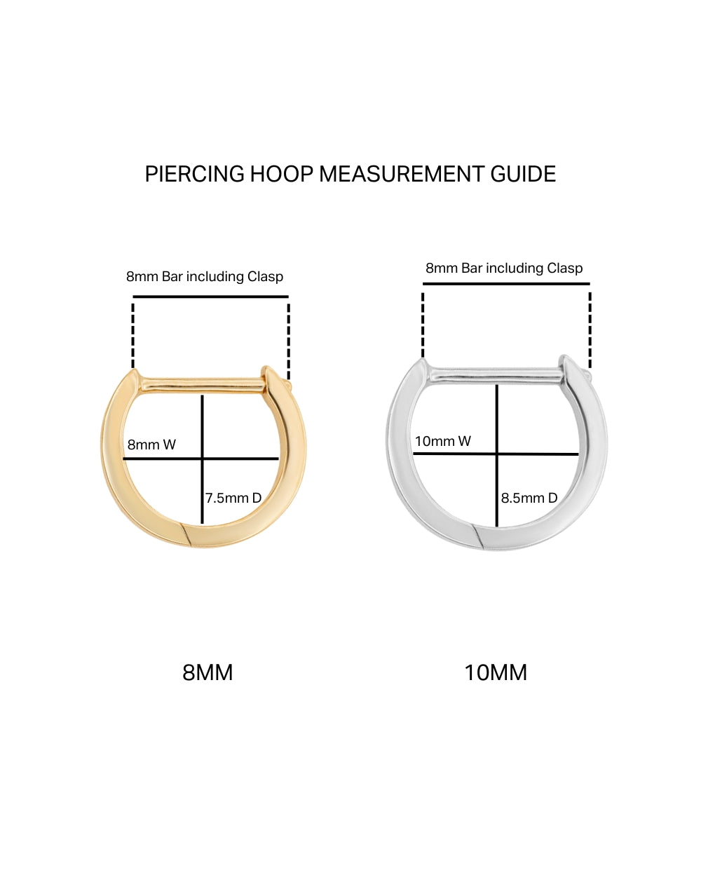 Measurement guide for Covetear piercing hoops with gold and silver options on a white background.